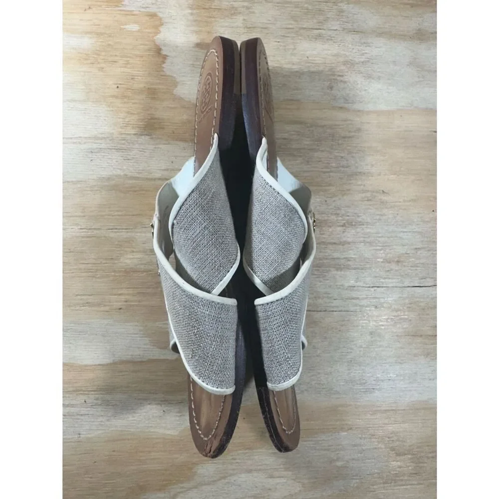 Tory Burch White & Beige Crossband Logo Slide Sandals Women’s Size 7.5